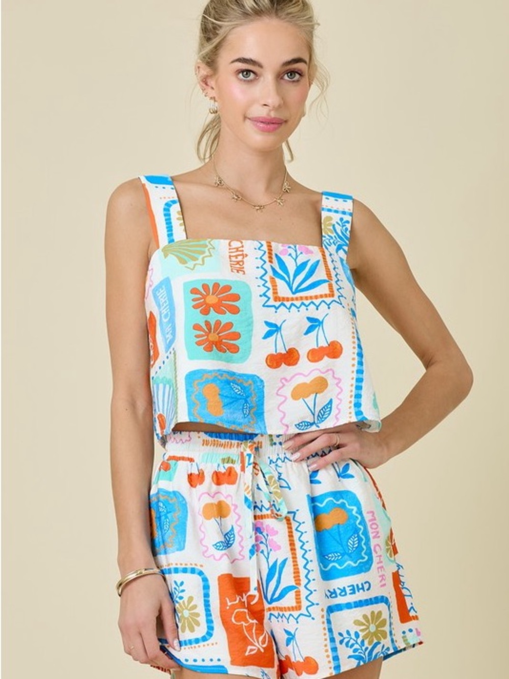 NWT Women’s Printed Crop Tank and Shorts Set - White Multi